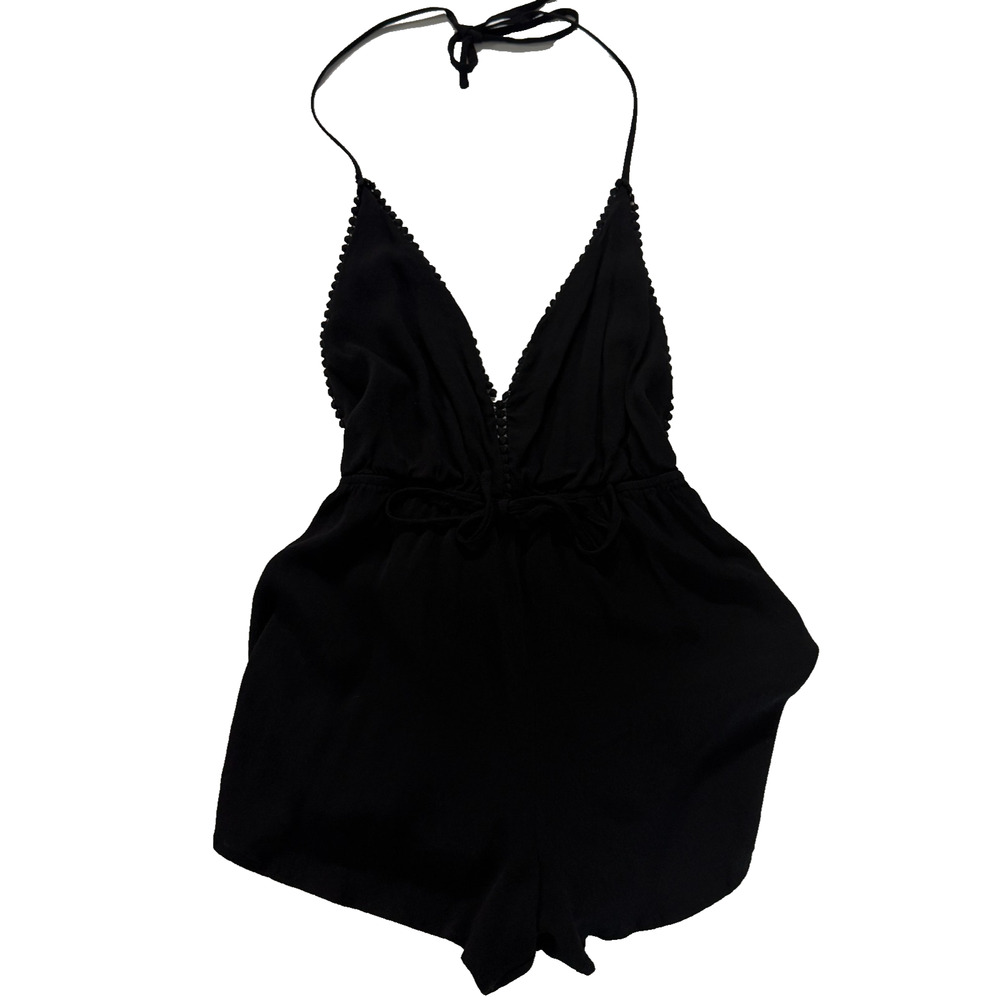 Tobi Black Scalloped V-Neck Halter Romper